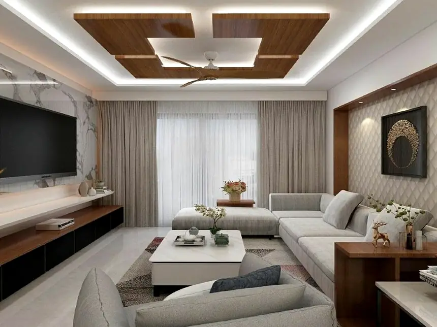 Three-dimensional view of a living room with a wood grid false ceiling and a marble television wall